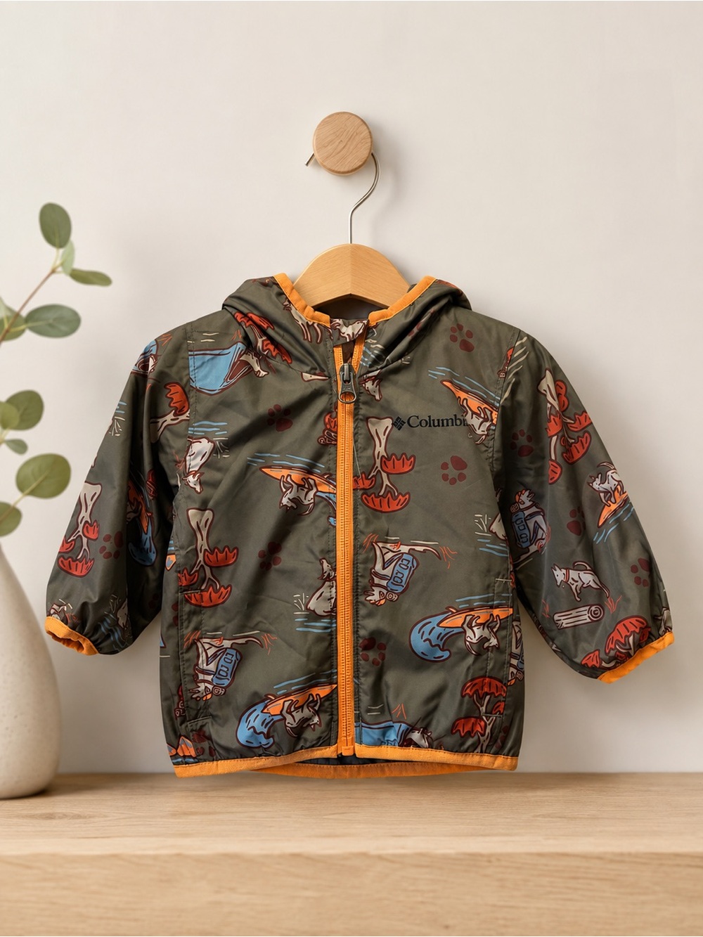 Columbia Kids Olive Jacket with Orange Trim and Camping Theme
